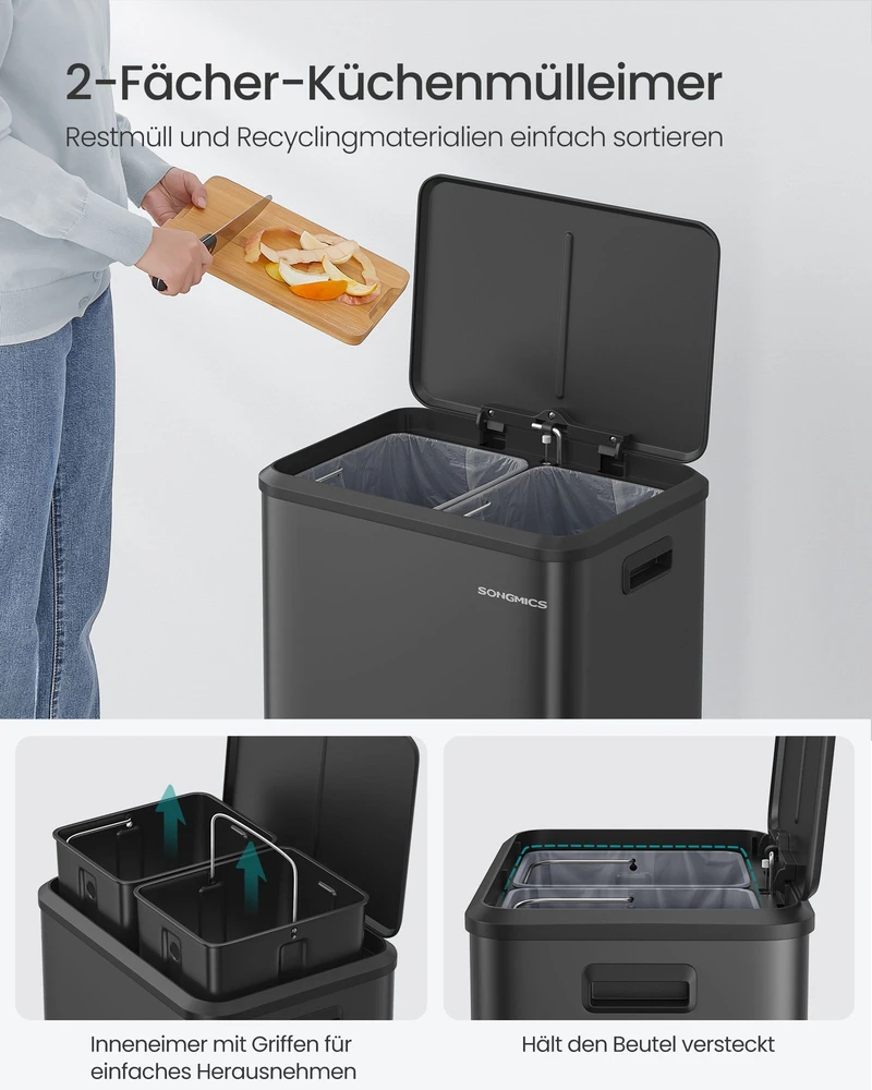 Koduva Šiukšlių rūšiavimo dėžė su pedalu, 2 x 15 l, plieninė, juoda
