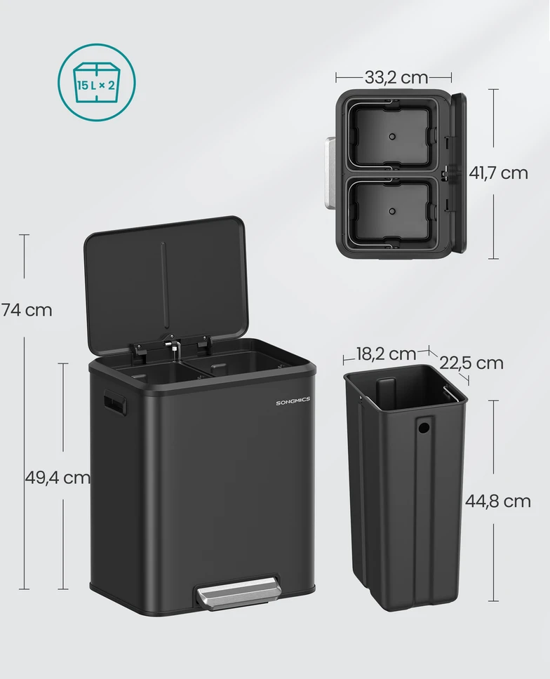 Koduva Šiukšlių rūšiavimo dėžė su pedalu, 2 x 15 l, plieninė, juoda