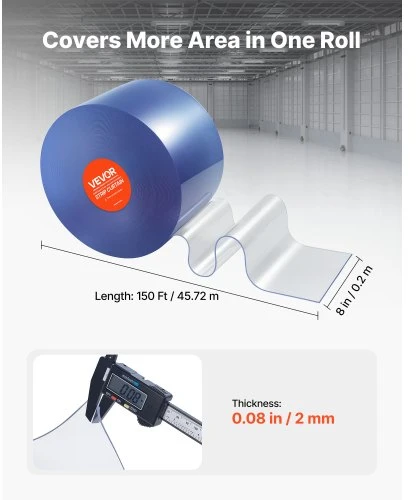 VEVOR Skaidri PVC juostinė užuolaida, 45,7 m x 20 cm, 2 mm