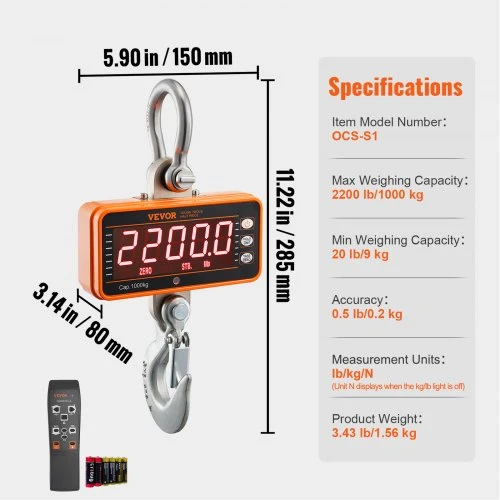 Koduva Skaitmeninės kraninės svarstyklės VEVOR OCS-S1, 1000 kg, oranžinės, su nuotolinio valdymo pultu