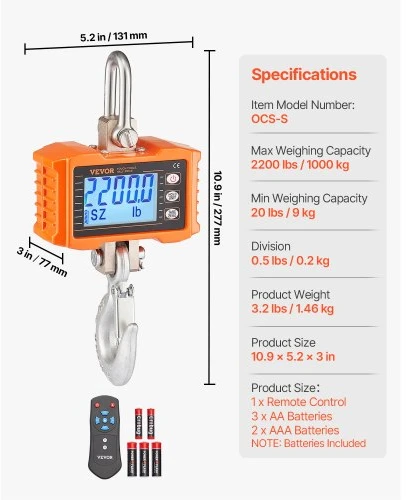 VEVOR Skaitmeninės kraninės svarstyklės OCS-S, iki 1000 kg, oranžinės, su nuotoliniu valdymu