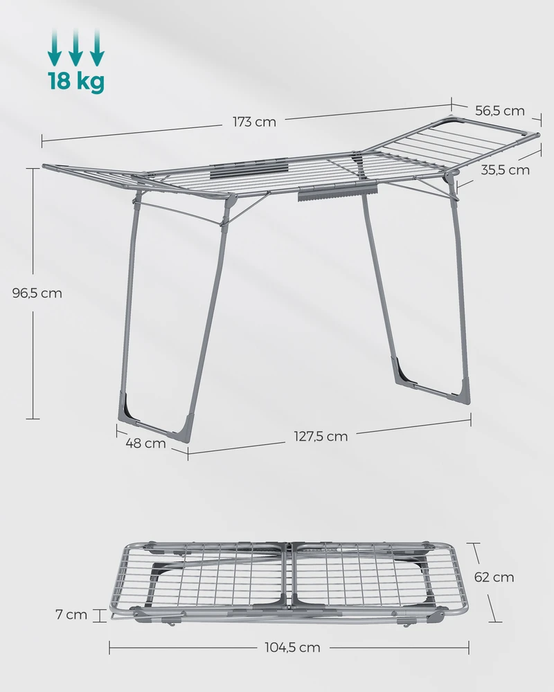 Koduva Skalbinių džiovyklė su kojinių laikikliu, pilka, metalas, 56,5 x 173 x 96,5 cm