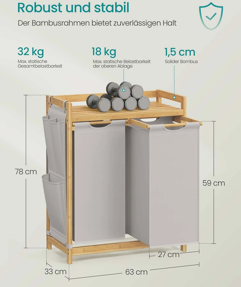 Koduva Skalbinių krepšys su 2 skyriais, 2 x 50 l, bambukas ir Oksfordo audinys, 63 x 33 x 78 cm, pilkas