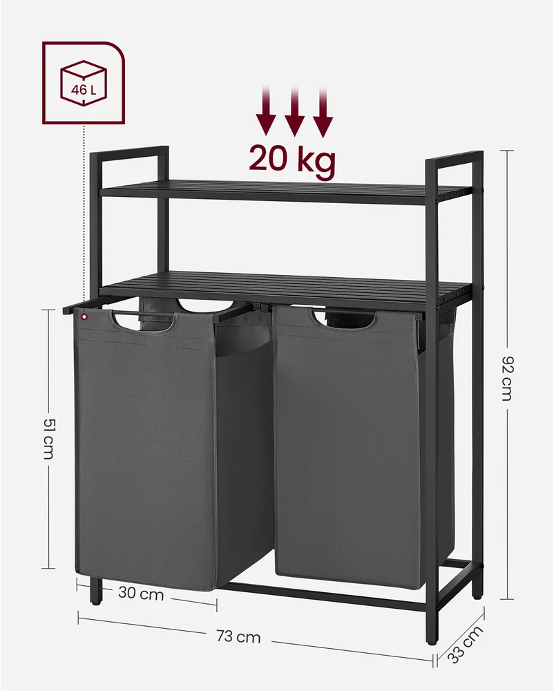 Koduva Skalbinių krepšys su 2 skyriais ir 2 lentynomis, 2 x 46 l, 73 x 33 x 92 cm, juodas-pilkas