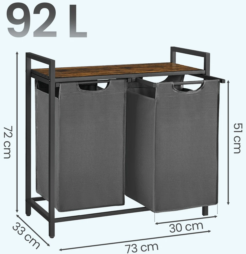 Koduva Skalbinių krepšys su 2 skyriais ir lentyna, 2 x 46 l, 73 x 33 x 72 cm, rudas-pilkas