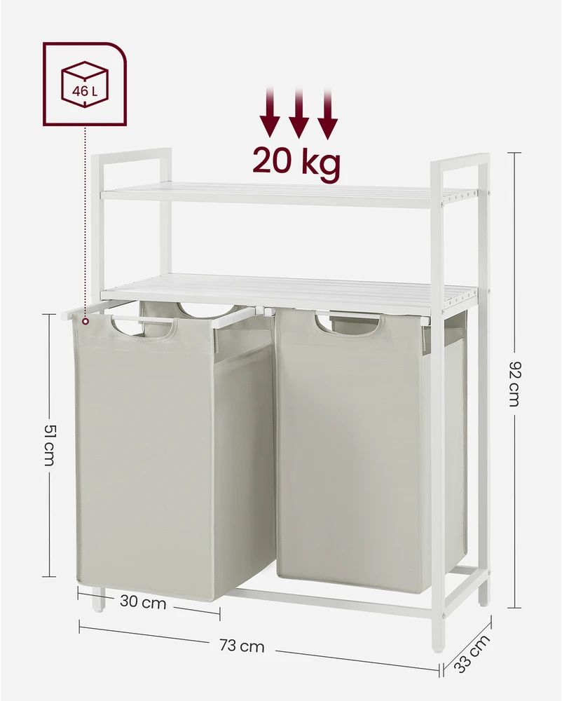 Koduva Skalbinių krepšys su 2 skyriais ir 2 lentynomis, 2 x 46 l, 73 x 33 x 92 cm, baltas