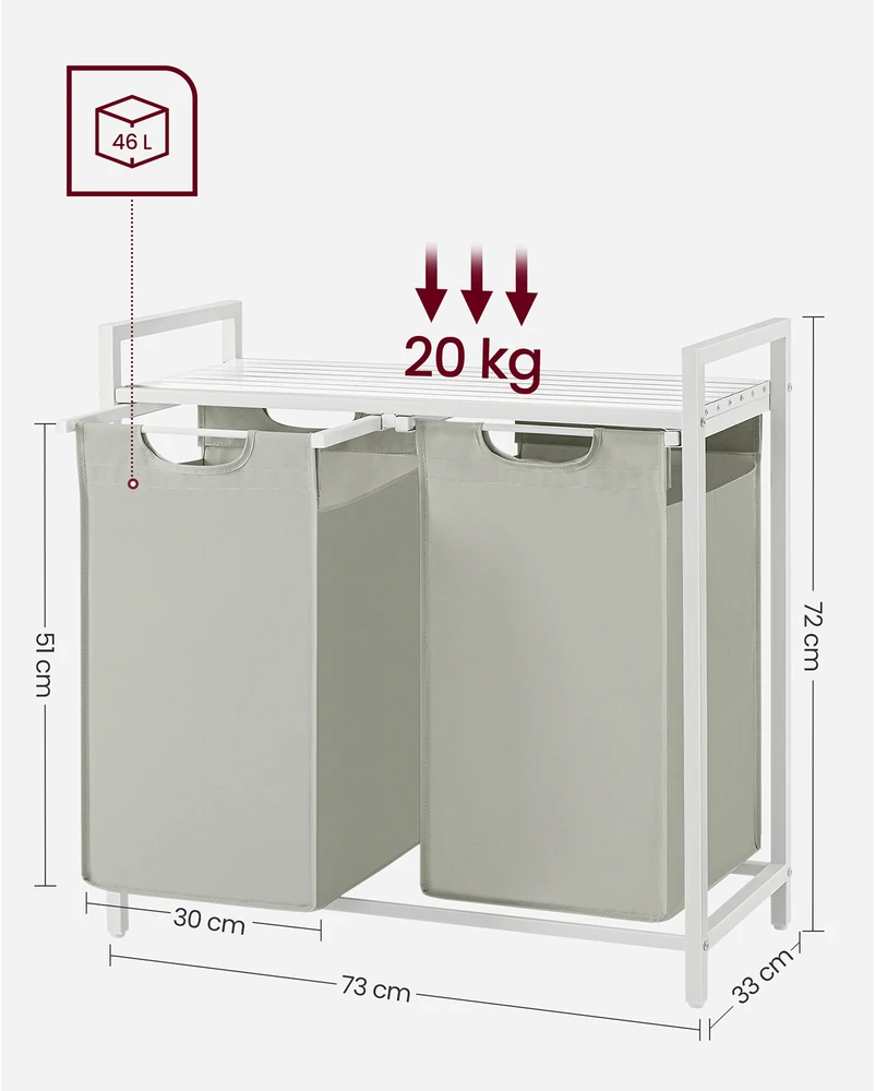 Koduva Skalbinių krepšys su 2 x 46 l maišais ir 1 lentyna, baltas, 73 x 33 x 72 cm