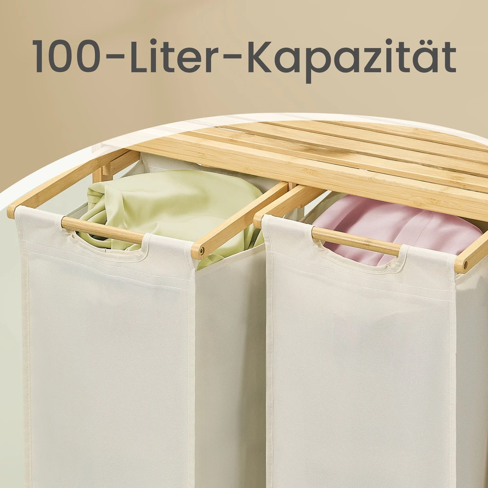 Koduva Skalbinių krepšys su 3 skyriais, bambukinis, 150 l, baltas, 63,2 x 33 x 78 cm