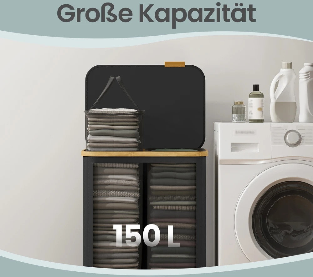 Koduva Skalbinių krepšys su dangčiu, 100 l, juodas, bambuko rėmas, 52 x 38,5 x 75 cm