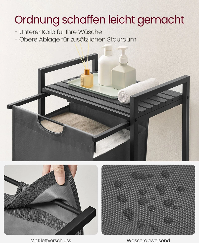Koduva Skalbinių rūšiavimo krepšys su lentyna, 2 x 46 l, metalinis rėmas, juodos ir pilkos spalvos