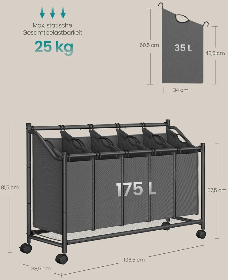Koduva Skalbinių rūšiavimo krepšys su ratukais, 4 x 35 l, plienas, skalūno pilka, 106,5 x 38,5 x 81,5 cm