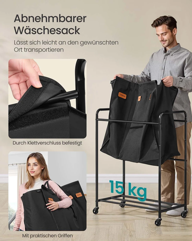 Songmics Skalbinių rūšiavimo vežimėlis, 140 l, 2 skyriai, su ratukais, 69 x 40 x 91 cm, juodas