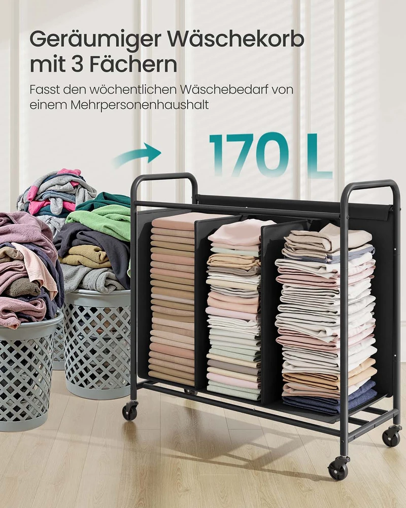 Songmics Skalbinių rūšiavimo vežimėlis, 140 l, 2 skyriai, su ratukais, 69 x 40 x 91 cm, juodas