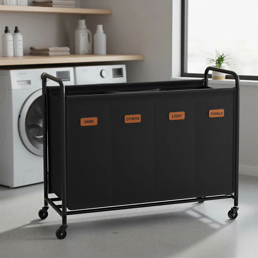 Songmics Skalbinių rūšiavimo vežimėlis su 4 skyriais, 200 l, su ratukais, 79 x 40 x 91 cm