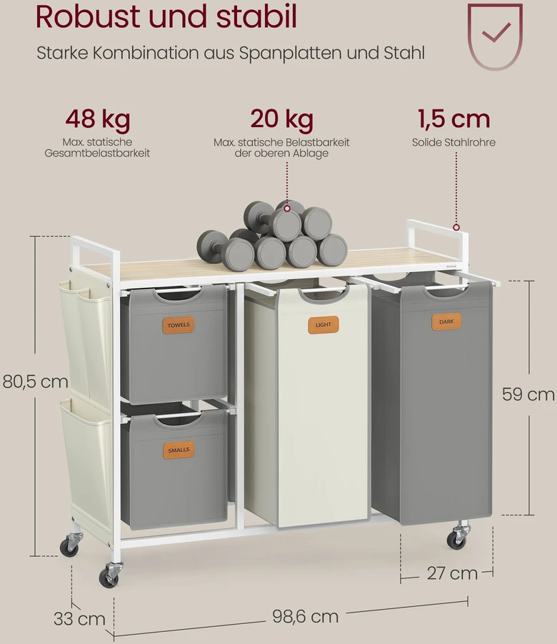 Koduva Skalbinių rūšiavimo vežimėlis su 4 skyriais, 150 l, su lentyna ir ratukais, 98,6 x 33 x 80,5 cm