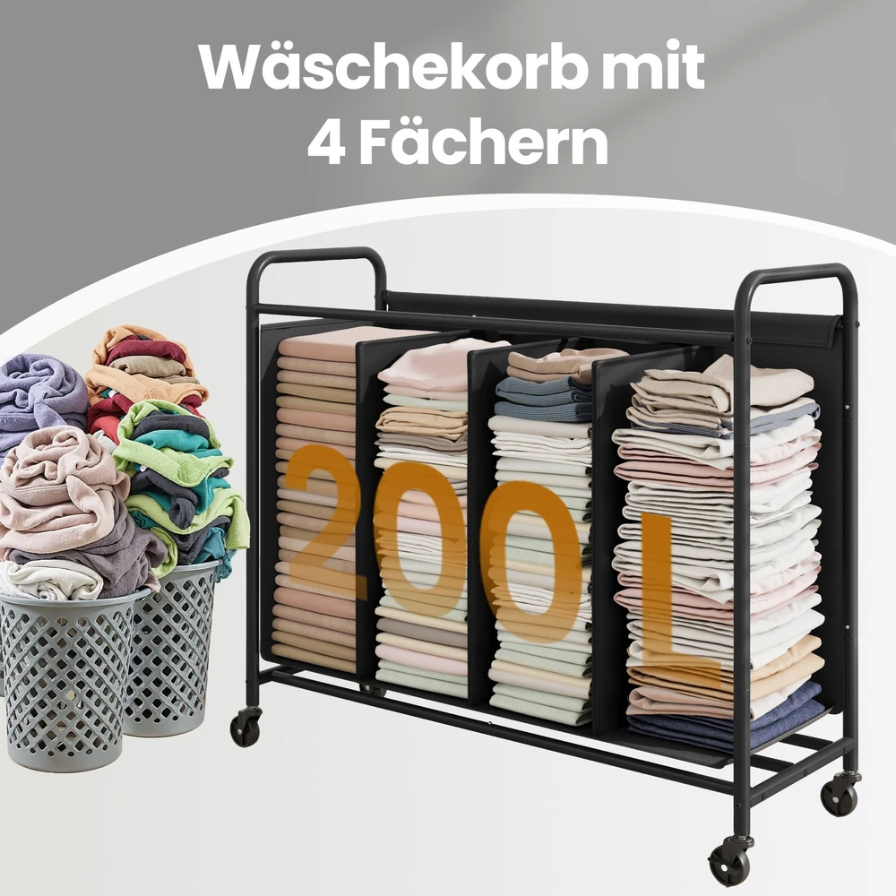 Songmics Skalbinių rūšiavimo vežimėlis su 4 skyriais, 200 l, su ratukais, 79 x 40 x 91 cm