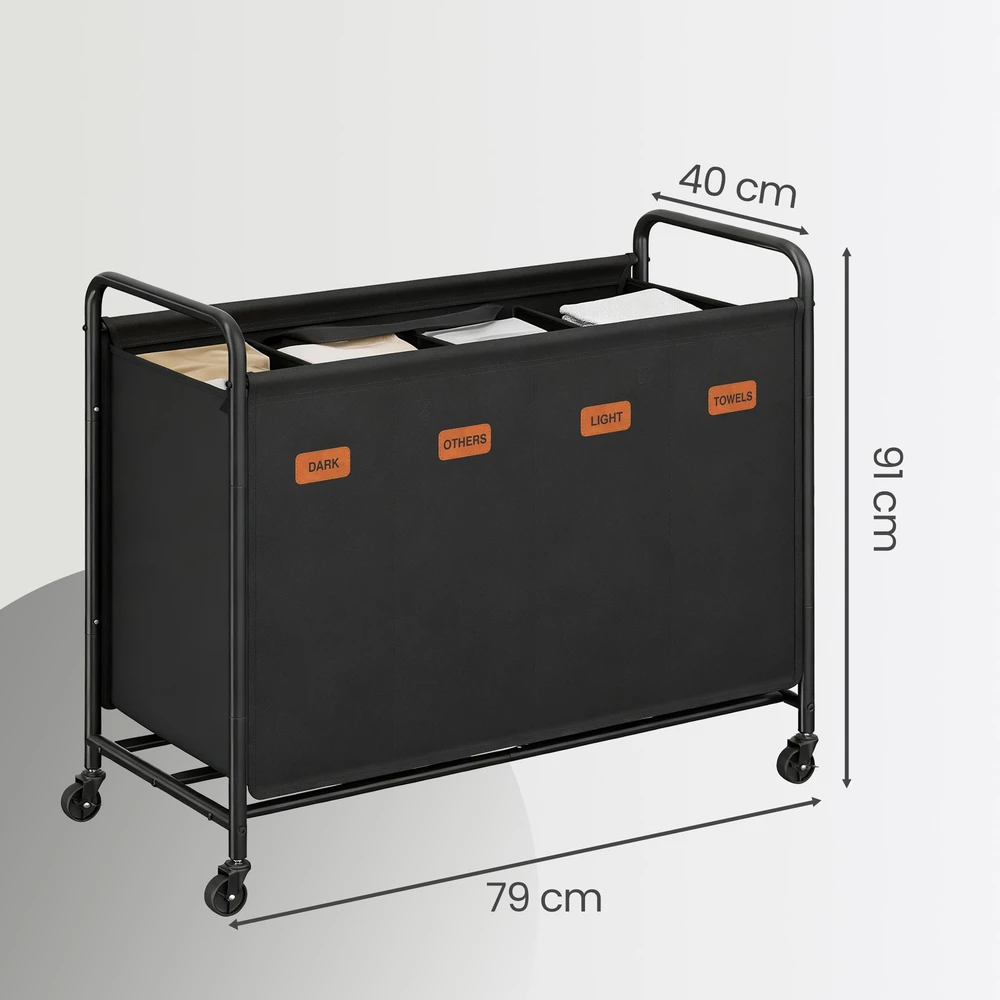Songmics Skalbinių rūšiavimo vežimėlis su 4 skyriais, 200 l, su ratukais, 79 x 40 x 91 cm