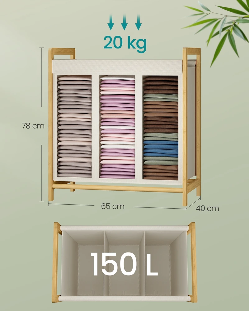 Songmics Skalbinių rūšiuoklė su 2 skyriais, bambuko rėmu, 100 l, kreminės baltos spalvos