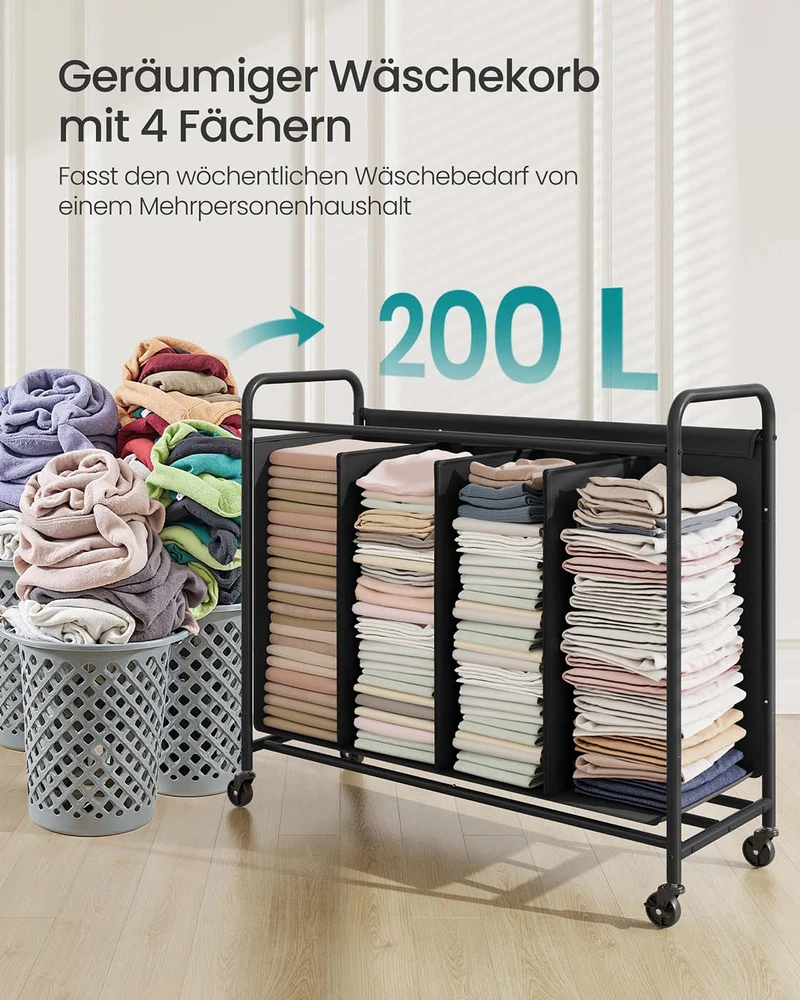 Songmics Skalbinių rūšiuoklė su ratukais, 140 l, 2 skyrių, 79 x 40 x 91 cm, juoda