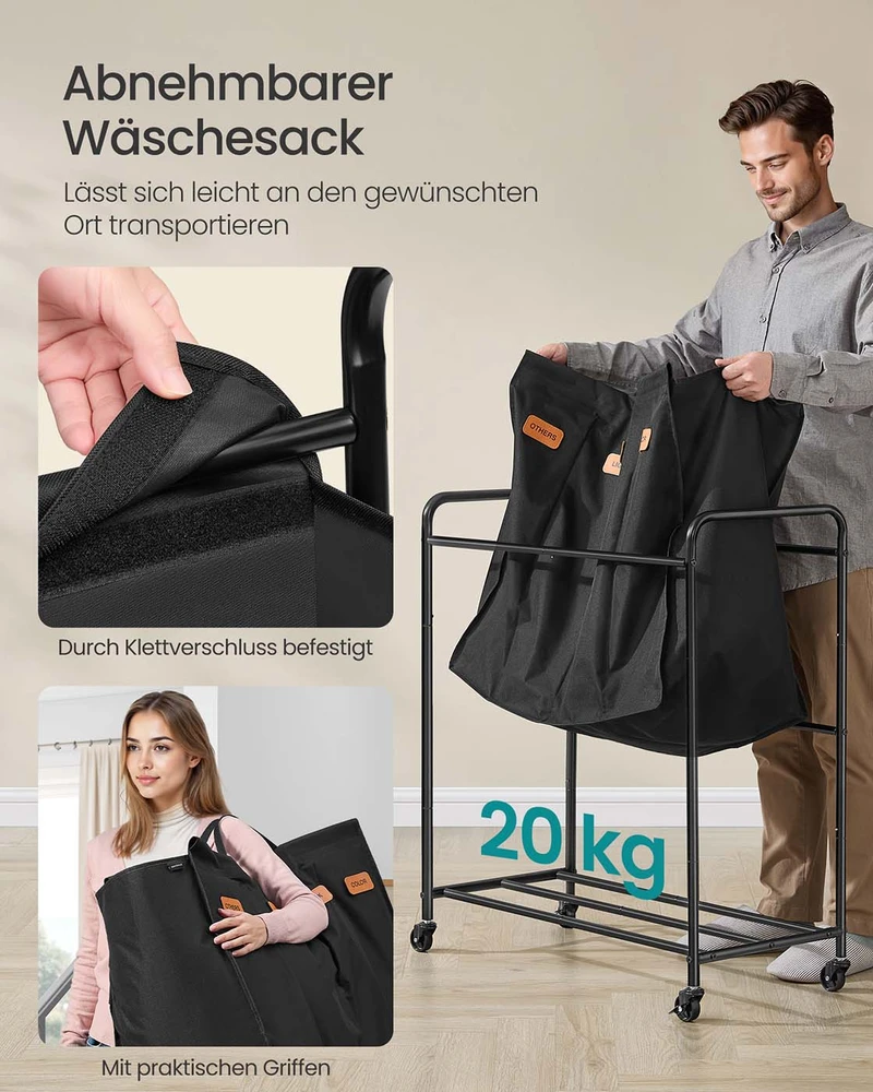 Songmics Skalbinių rūšiuoklė su ratukais, 140 l, 2 skyrių, 79 x 40 x 91 cm, juoda