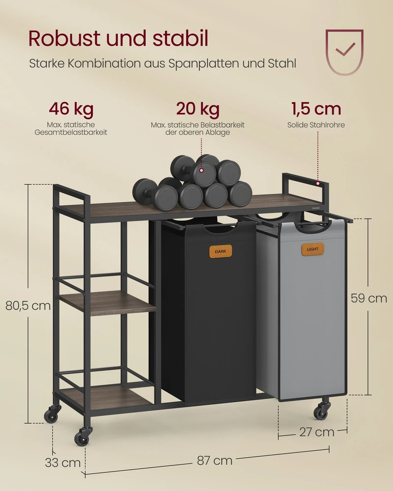 Koduva Skalbinių rūšiuoklis su 2 skyriais, 100 l, su lentynomis ir ratukais, 87 x 33 x 80,5 cm