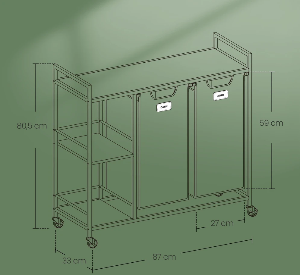 Songmics Skalbinių rūšiuoklis su 2 skyriais, 100 l, su lentynomis ir ratukais, 87 x 33 x 80,5 cm
