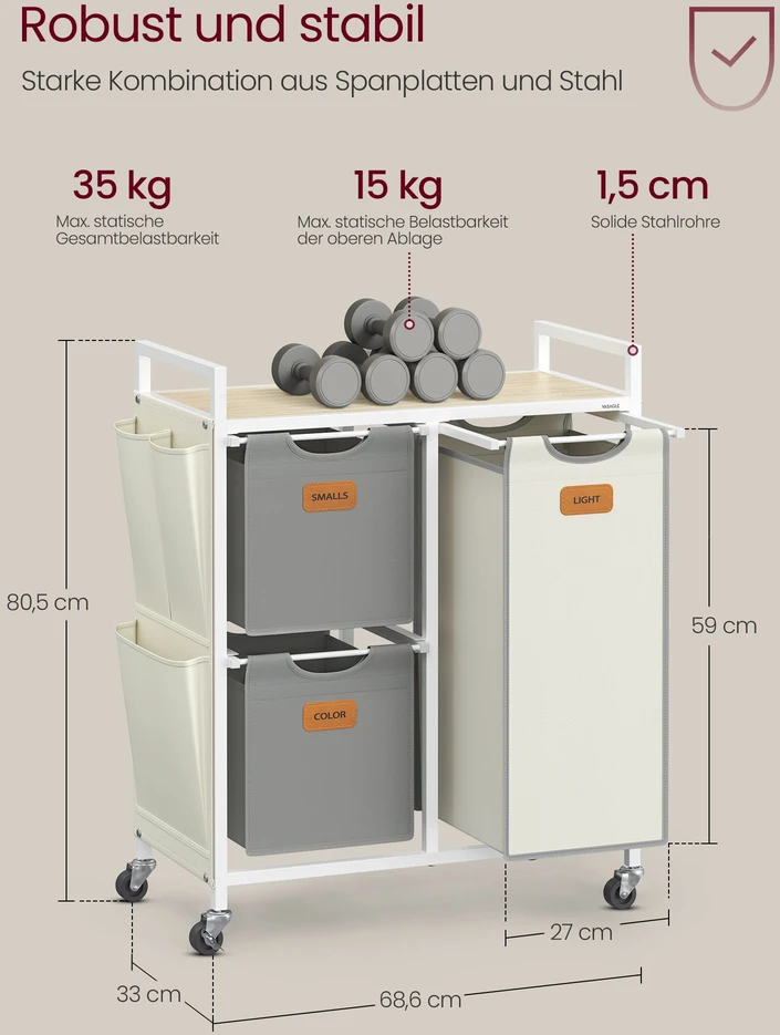Koduva Skalbinių rūšiuoklis su 3 skyriais, 100 l, su lentyna ir ratukais, 68,6 x 33 x 80,5 cm