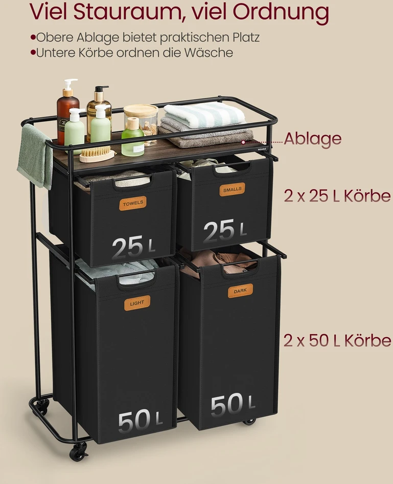 Koduva Skalbinių rūšiuoklis su ratukais, 150 l, 4 nuimamais krepšiais ir lentyna, juodas-rudas