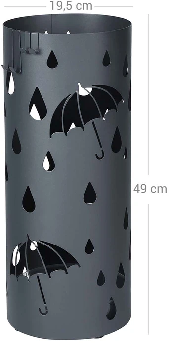 Songmics Skėčių stovas, antracito spalvos, metalinis, su išimamu vandens padėklu ir 4 kabliukais, 49 x Ø 19,5 cm