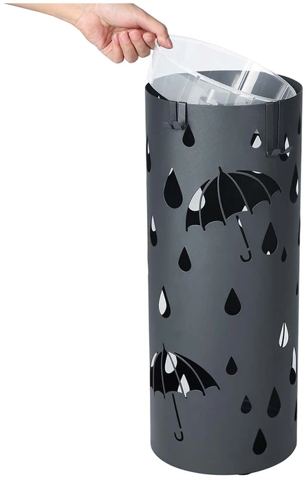 Songmics Skėčių stovas, antracito spalvos, metalinis, su išimamu vandens padėklu ir 4 kabliukais, 49 x Ø 19,5 cm