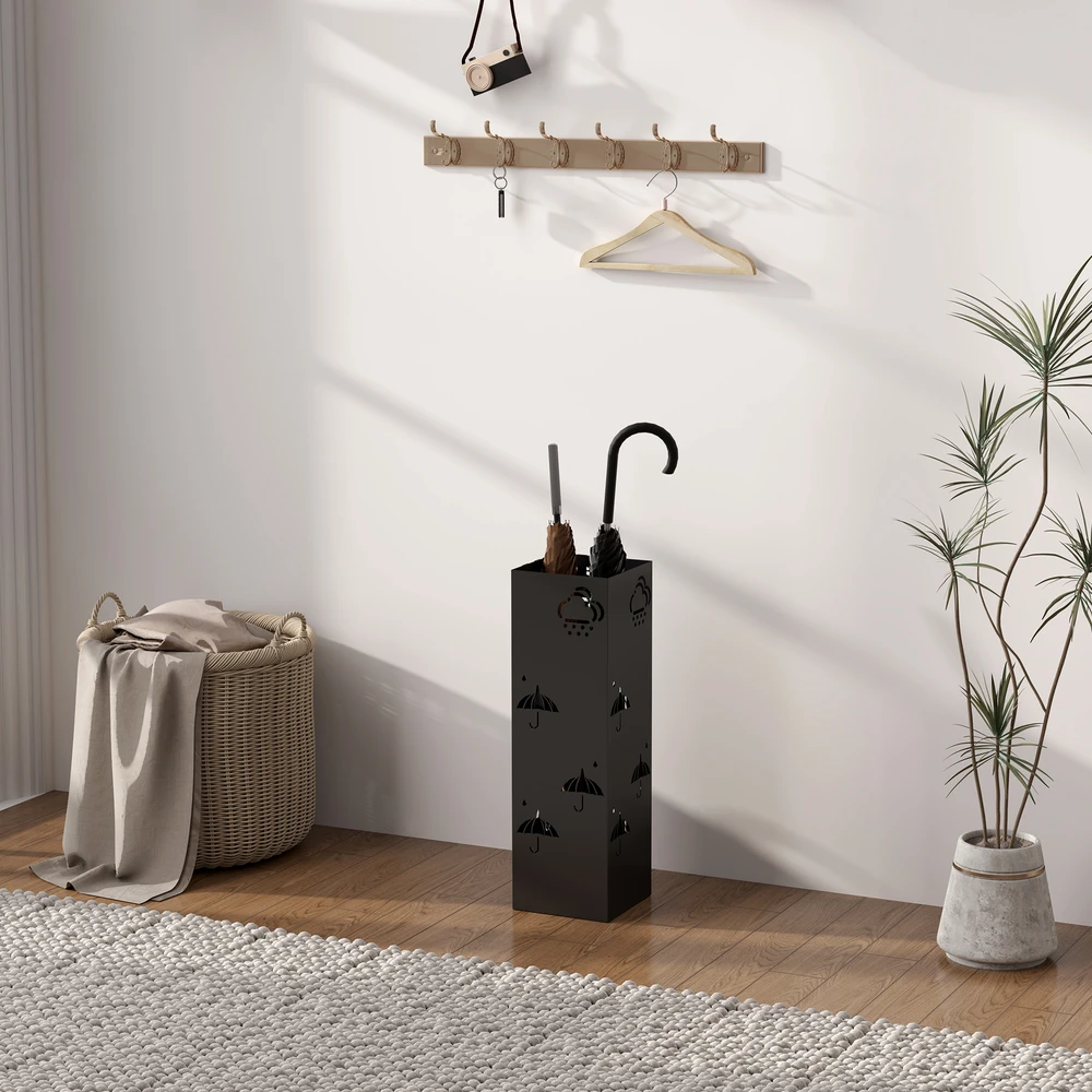 Aosom Skėčių stovas iš metalo, 4 kabliukai, juodas, 15,5 x 15,5 x 49 cm