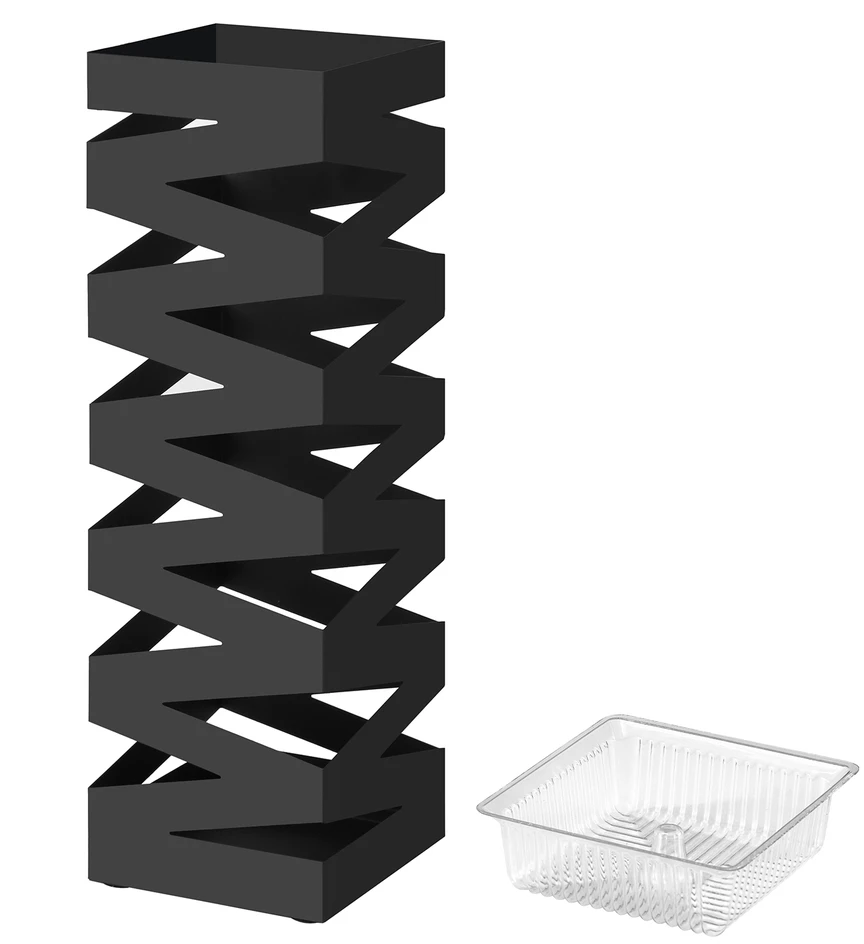 Songmics Skėčių stovas, kvadratinis, juodas, metalinis, su nuimamu vandens padėklu, 15,5 x 15,5 x 49 cm