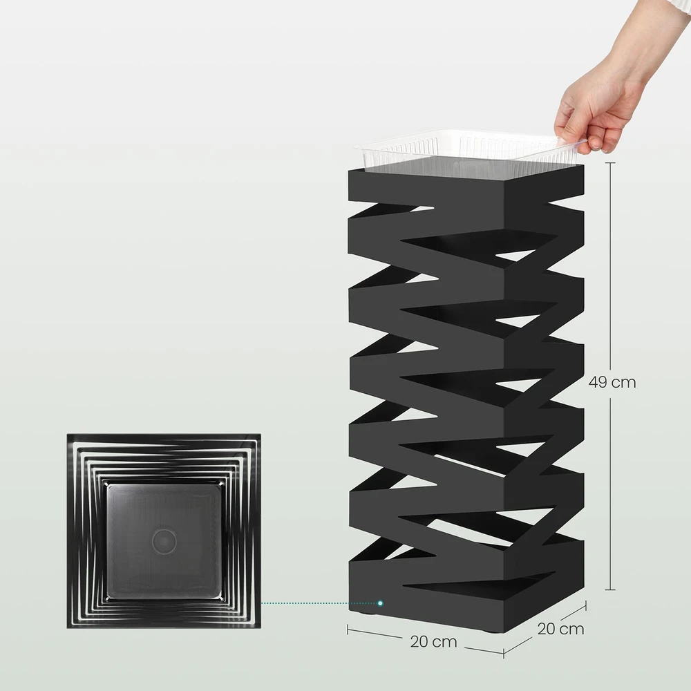 Songmics Skėčių stovas, kvadratinis, juodas, plienas ir plastikas, 20 x 20 x 49 cm