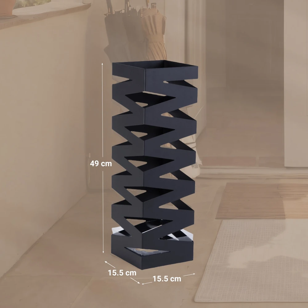 Songmics Skėčių stovas, kvadratinis, metalinis, su vandens surinkimo padėklu ir 4 kabliukais, 15,5 x 15,5 x 49 cm