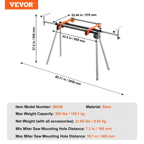 VEVOR Skersinio pjūklo stovas, plieno, sulankstomas, reguliuojamo aukščio ir ilgio, iki 136 kg