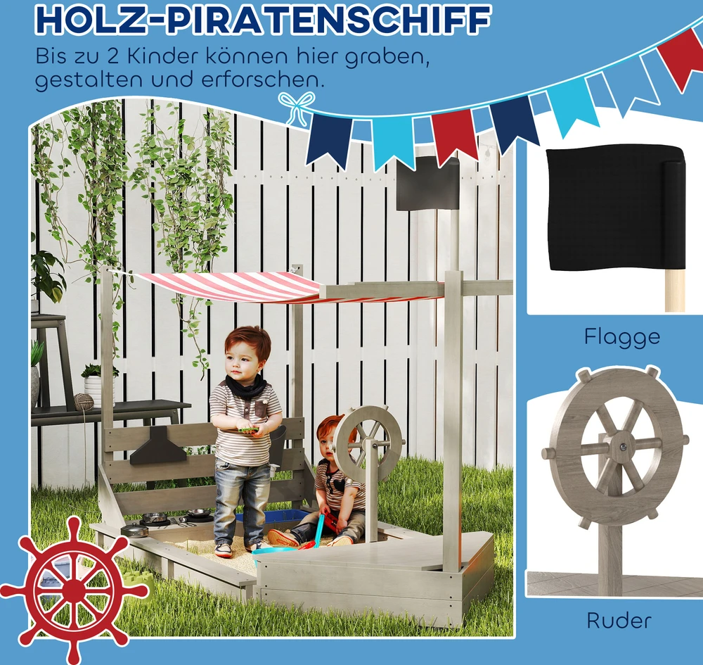 Koduva Smėlio dėžė piratų laivas su saulės stogeliu, su vaikų virtuvės rinkiniu, eglės mediena, pilka, 180 x 103 x 144,5 cm