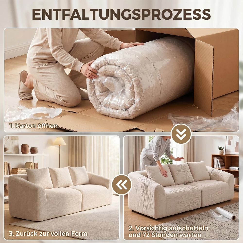 Aosom Smėlio spalvos berėmė 3 vietų šenilinė „cloud“ sofa su 3 pagalvėmis