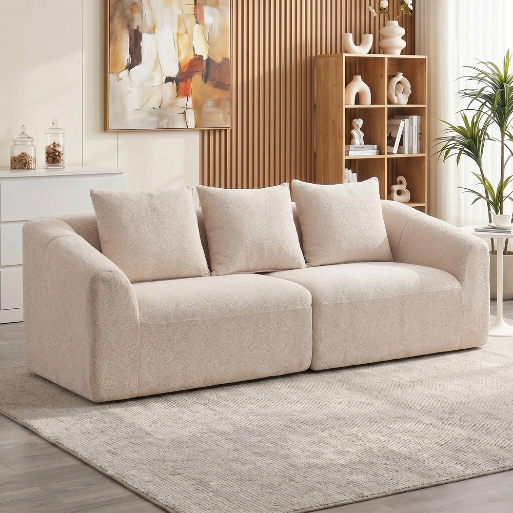 Aosom Smėlio spalvos berėmė 3 vietų šenilinė „cloud“ sofa su 3 pagalvėmis