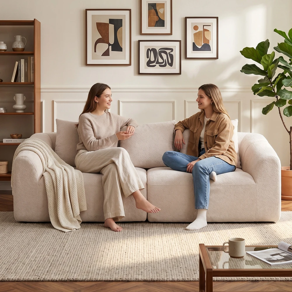 Aosom Smėlio spalvos berėmė 3 vietų šenilinė „cloud“ sofa su 3 pagalvėmis