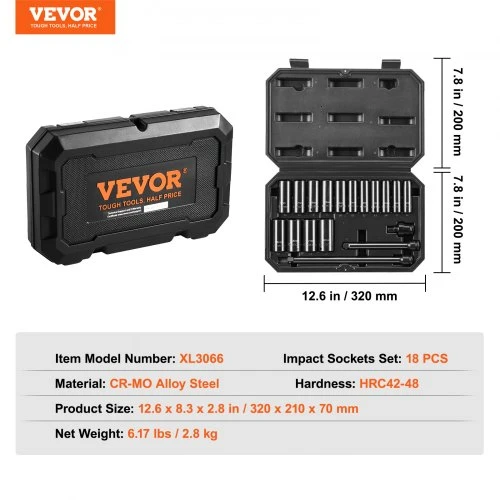 VEVOR Smūginių galvučių rinkinys XL3066, 18 dalių, 8-22 mm, CR-V legiruotas plienas