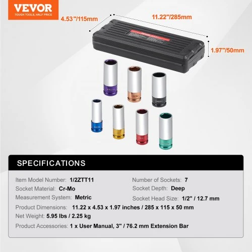 Koduva Smūginių galvučių rinkinys VEVOR, 7 vnt., 13 mm / 12,7 mm pavara, 17/19/21/22/23/24/27 mm