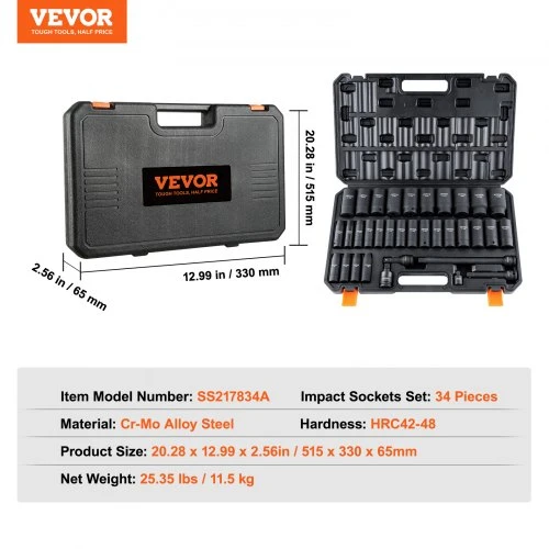 VEVOR Smūginių galvučių rinkinys, 12,7 mm pavara, 34 vnt., 8-36 mm, Cr-Mo legiruotas plienas