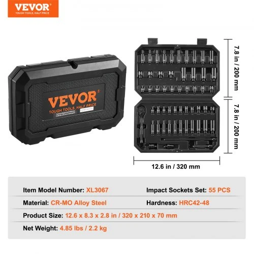 VEVOR Smūginių galvučių rinkinys XL3067, 6,35 mm pavaros, 55 dalių, CR-V legiruotas plienas