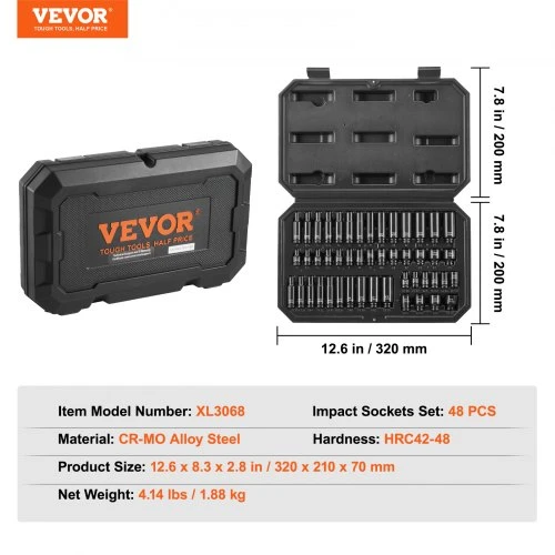 VEVOR Smūginių galvučių rinkinys XL3068, 48 dalių, 6 mm pavara, Cr-Mo lydinio plienas