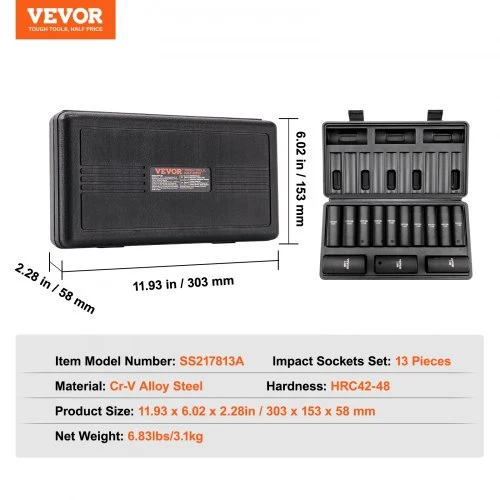Koduva Smūginių galvučių rinkinys VEVOR SS217813A, 12,7 mm pavara, 13 dalių, 10-24 mm, CR-V legiruotas plienas