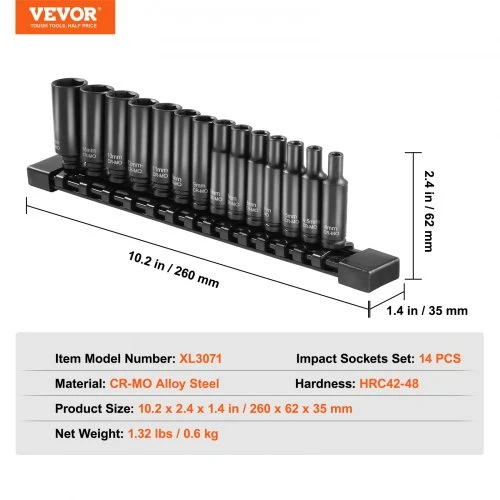 VEVOR Smūginių galvučių rinkinys XL3071, 14 dalių, 4-15 mm, Cr-Mo lydinio plienas
