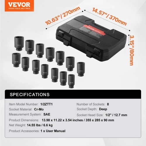 Koduva Smūginių galvučių rinkinys VEVOR, 14 dalių, 13 mm / 12,7 mm pavara, gilios 6+12 kampų, CR-V