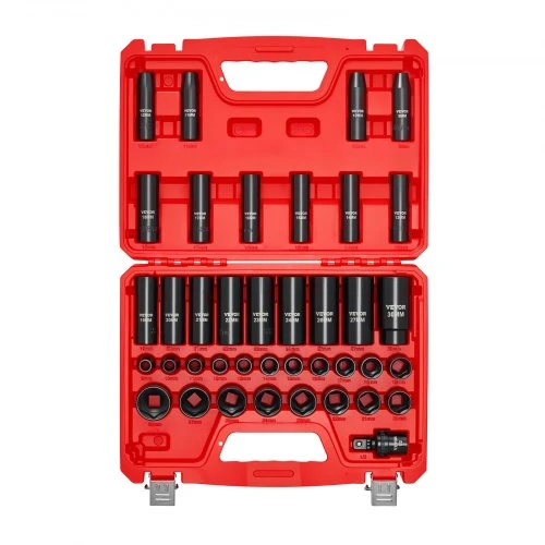 VEVOR Smūginių galvučių rinkinys 69300002, 39 dalių, 9-30 mm, CR-V plienas, raudonas dėklas