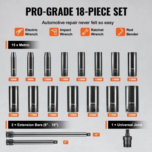 VEVOR Smūginių galvučių rinkinys XL3066, 18 dalių, 8-22 mm, CR-V legiruotas plienas