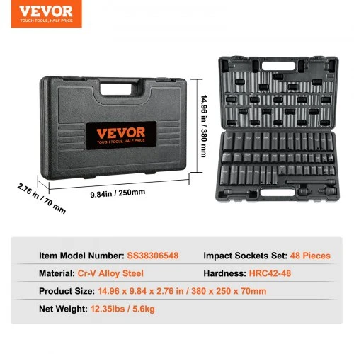 VEVOR Smūginių galvučių rinkinys, 3/8, 48 vnt., Cr-V plienas, 8-22 mm
